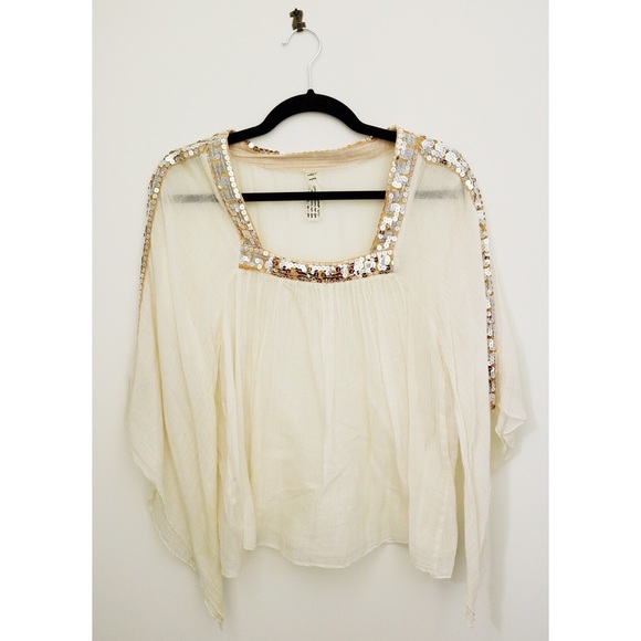 Free People Gold Sequined Peasant Top - Picture 2 of 5